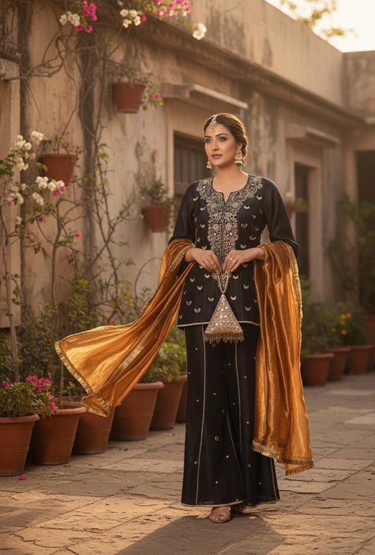 Designer Top Palazzo Set with Silk Dupatta Readymade Suit for Women