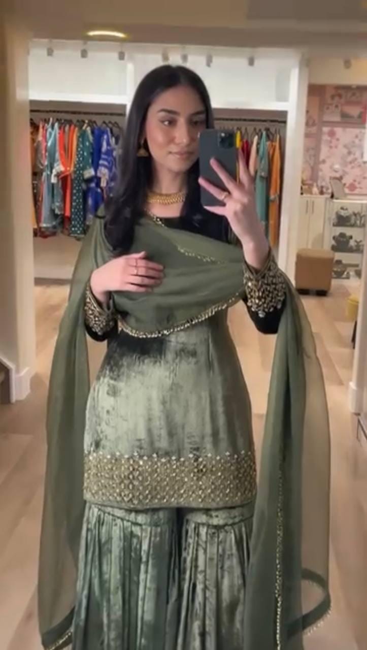 Designer Dark Green Heavy Viscose Velvet Top Sharara Set with Embroidery Suit for Women