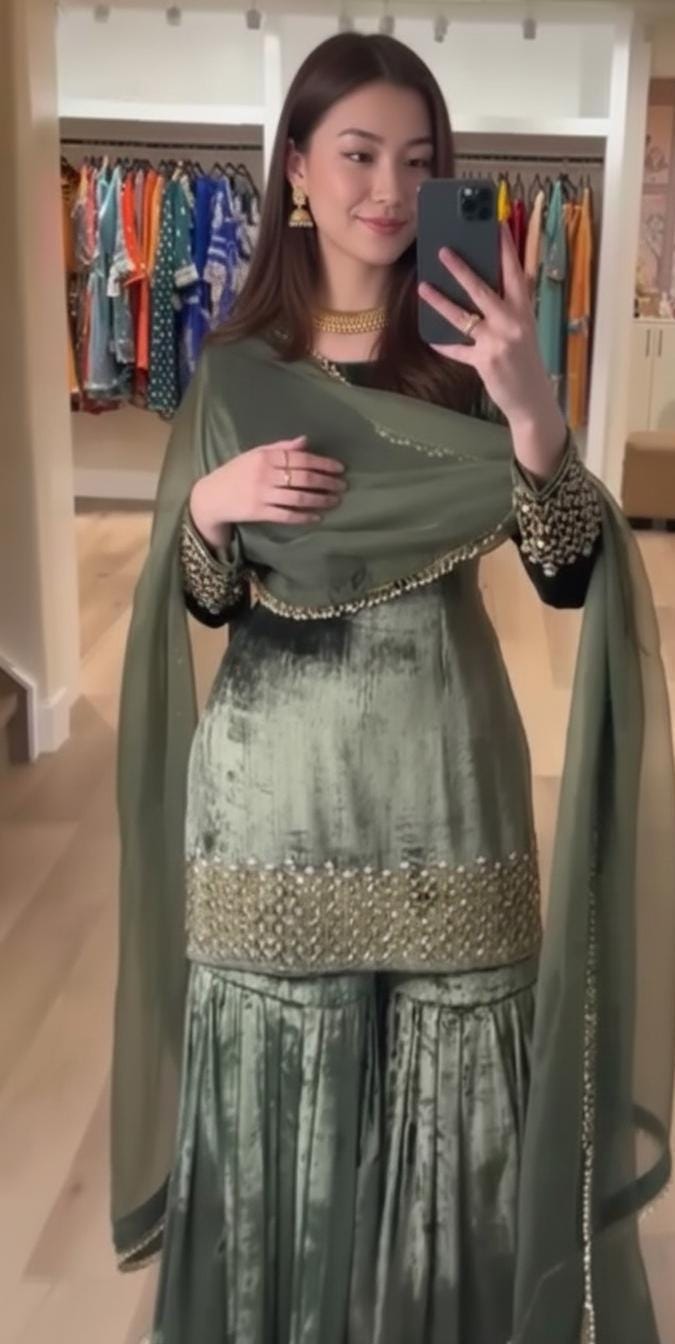 Designer Dark Green Heavy Viscose Velvet Top Sharara Set with Embroidery Suit for Women