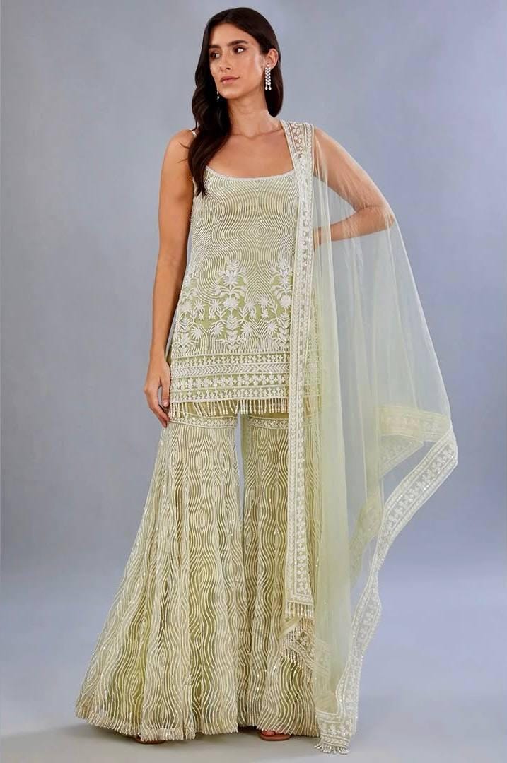 Pakistani Green Sleeveless Sharara Wedding Wear For Women's