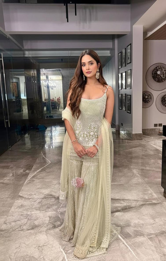 Pakistani Green Sleeveless Sharara Wedding Wear For Women's