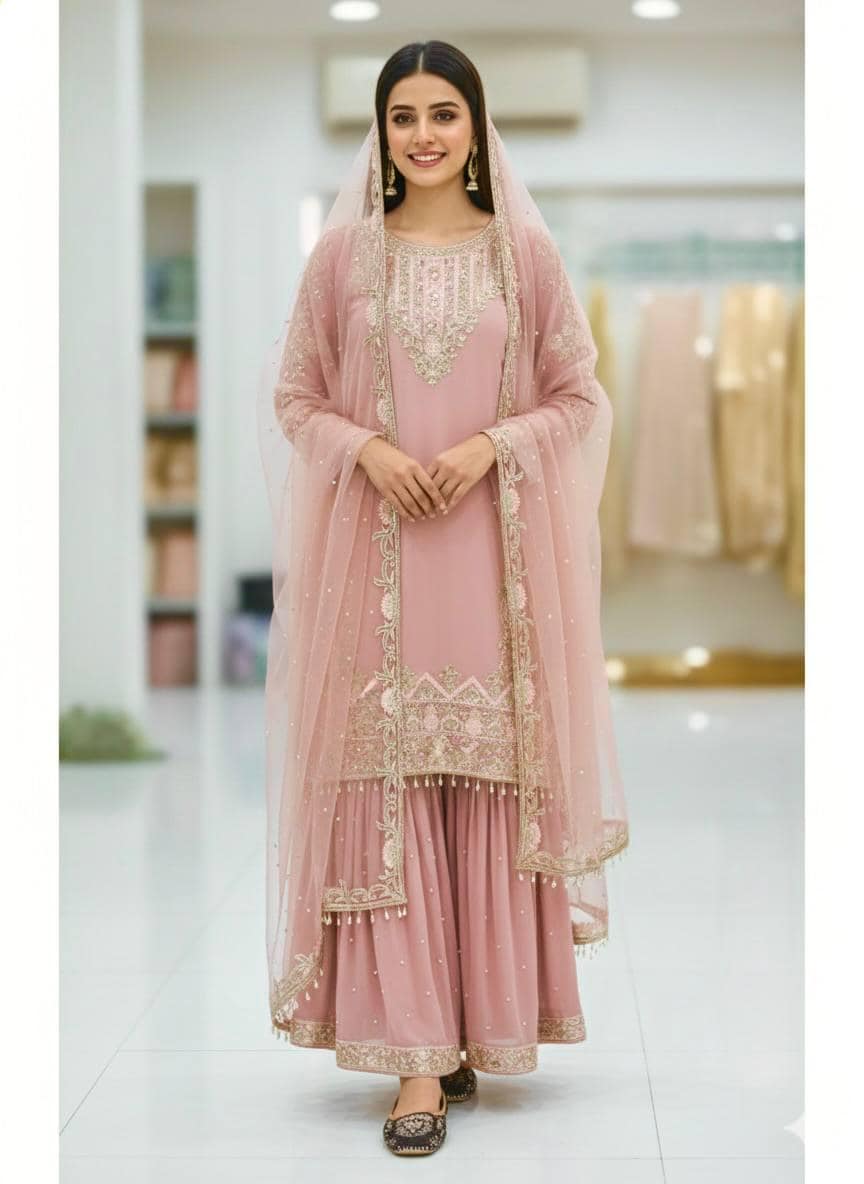 Soft Georgette Pink Suit Kurta & Palazzo Set With Matching Dupatta