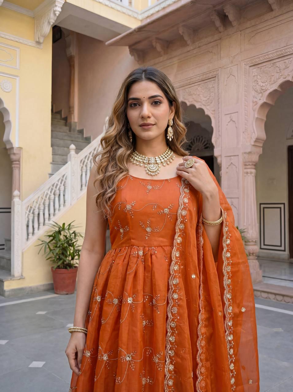 Designer Orange Silk Embroidery Sequence Work Anarkali - Indian Wedding Gown