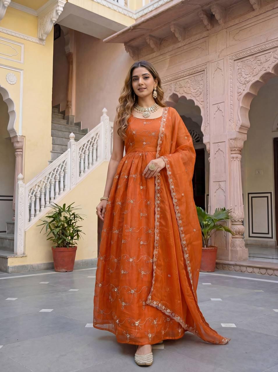 Designer Orange Silk Embroidery Sequence Work Anarkali - Indian Wedding Gown