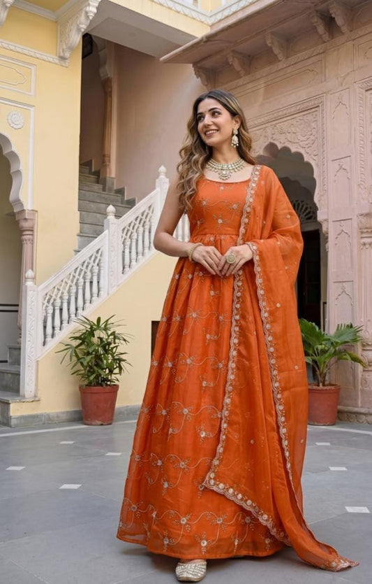 Designer Orange Silk Embroidery Sequence Work Anarkali - Indian Wedding Gown