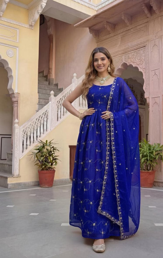 Designer Royal Blue Silk Floor Length Anarkali Gown - Festive Wear