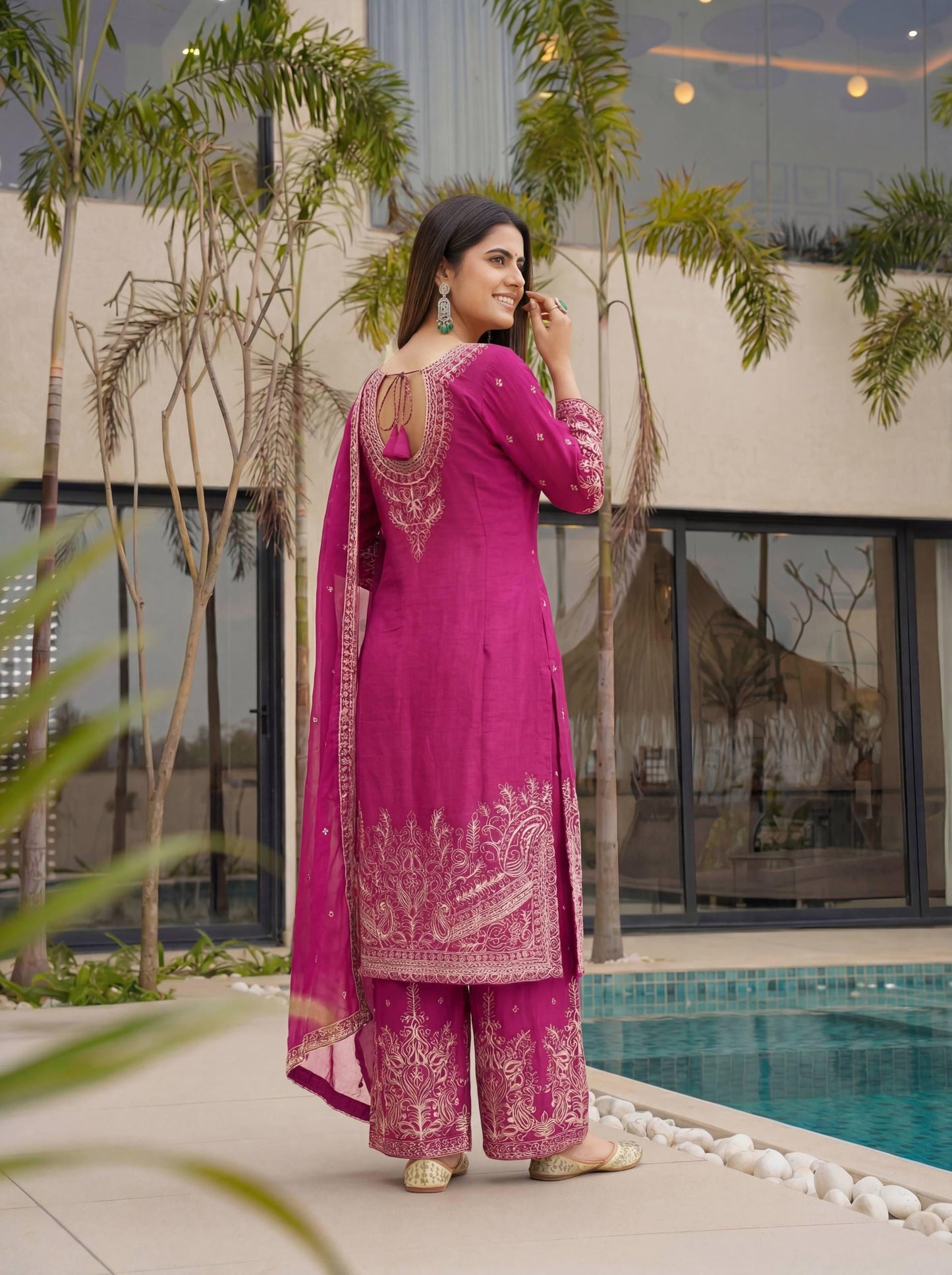 Designer Pink Chinon Silk Embroidered Sharara Suit with Dupatta | Kurti Palazzo Set
