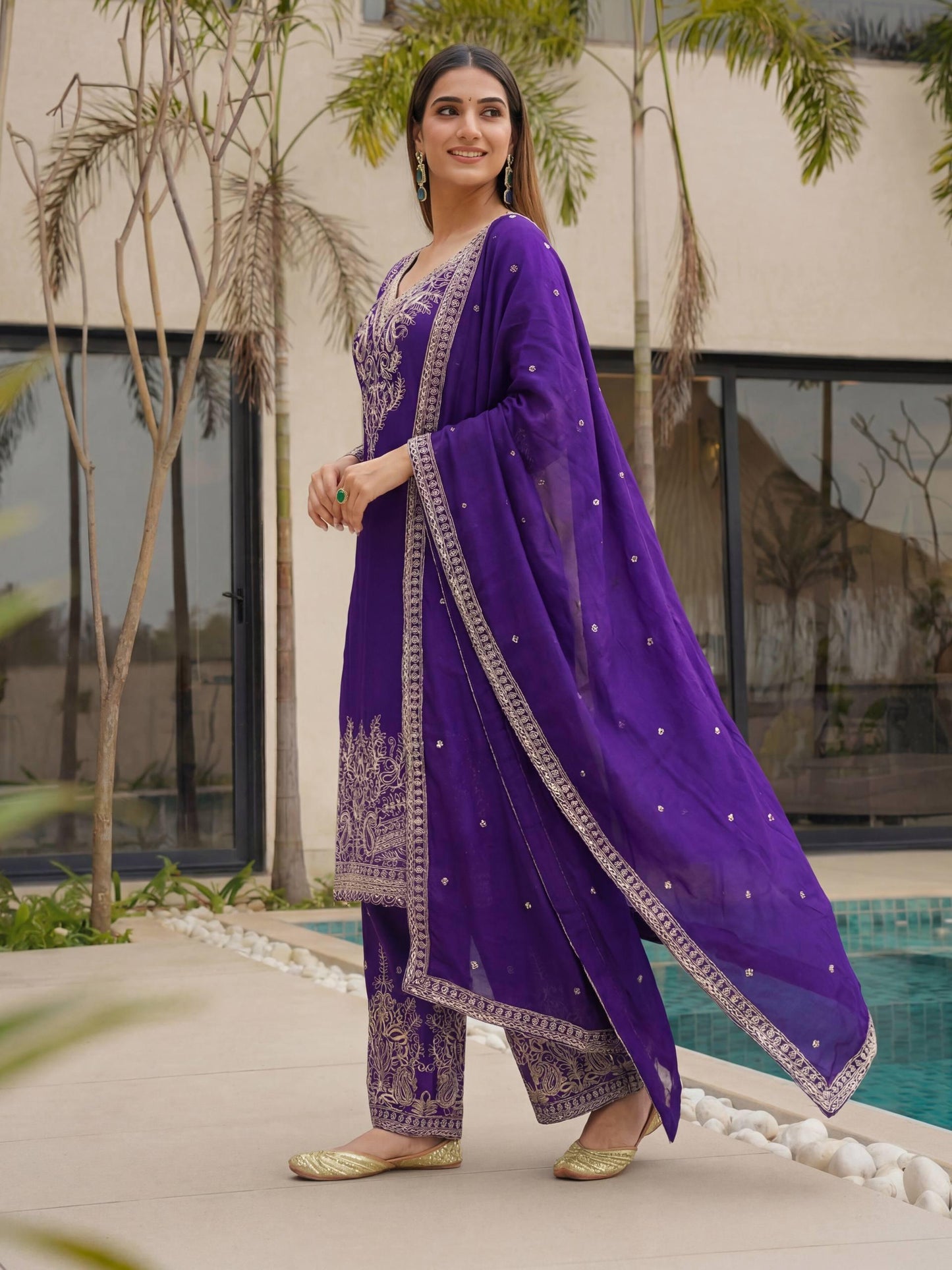 Designer Purple Chinon Silk Embroidered Palazzo Suit with Dupatta