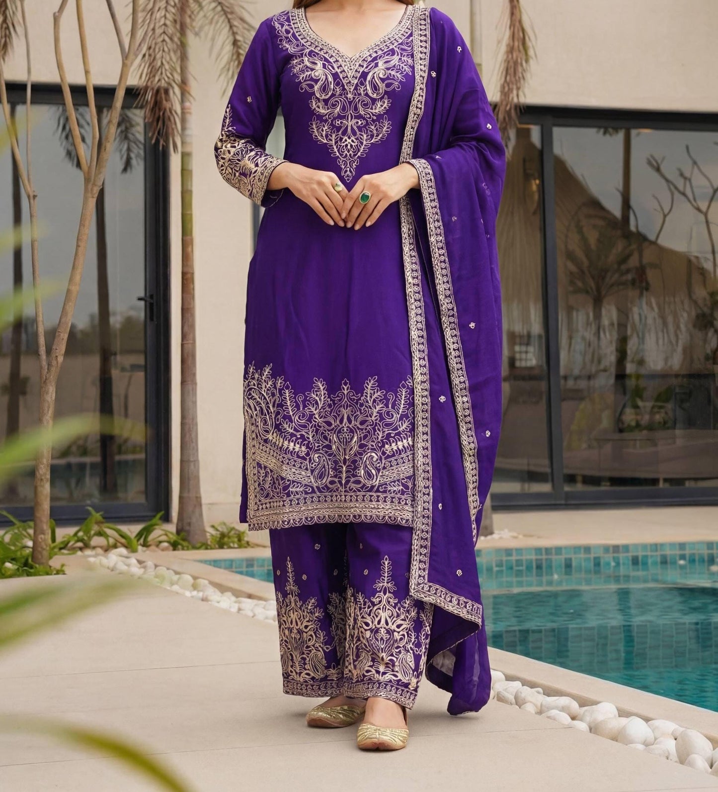 Designer Purple Chinon Silk Embroidered Palazzo Suit with Dupatta