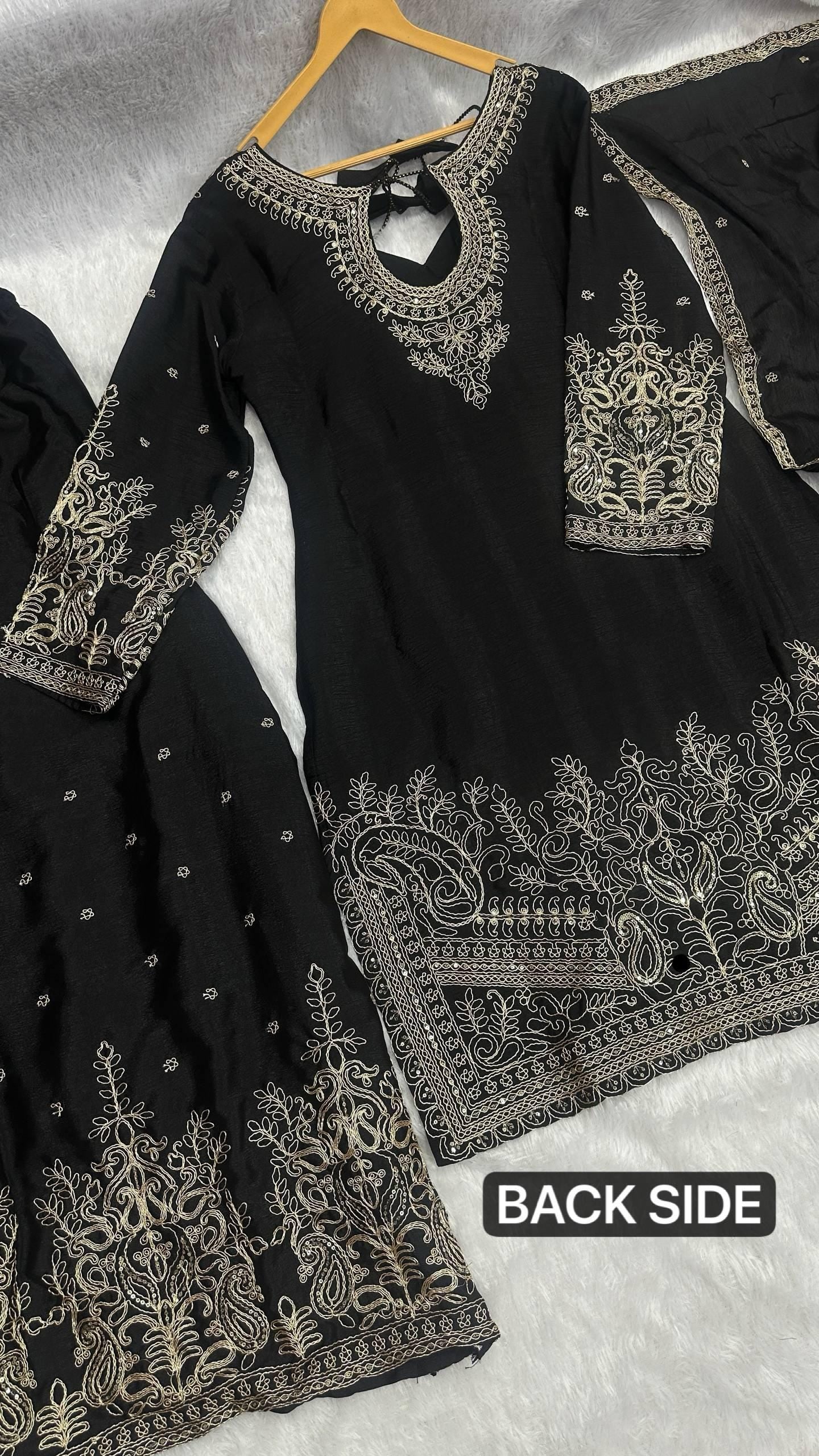 Black Embroidered Chinon Silk Kurti Sharara Set with Dupatta |Indian Ethnic Suit for Women