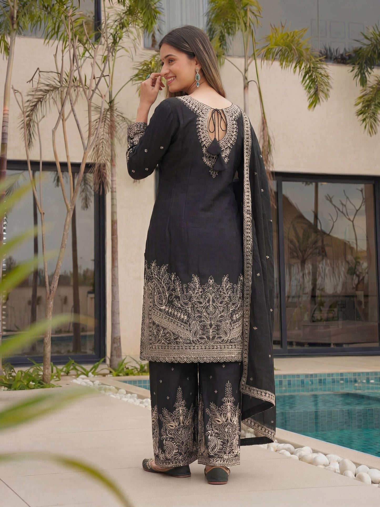Black Embroidered Chinon Silk Kurti Sharara Set with Dupatta |Indian Ethnic Suit for Women