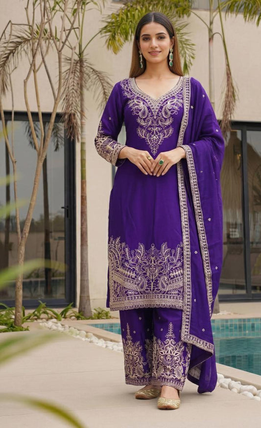 Designer Purple Chinon Silk Embroidered Palazzo Suit with Dupatta
