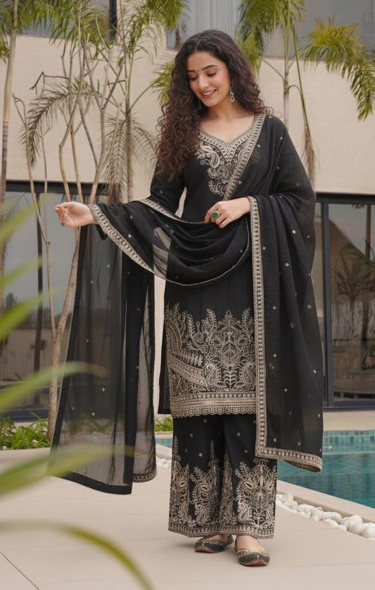 Black Embroidered Chinon Silk Kurti Sharara Set with Dupatta |Indian Ethnic Suit for Women