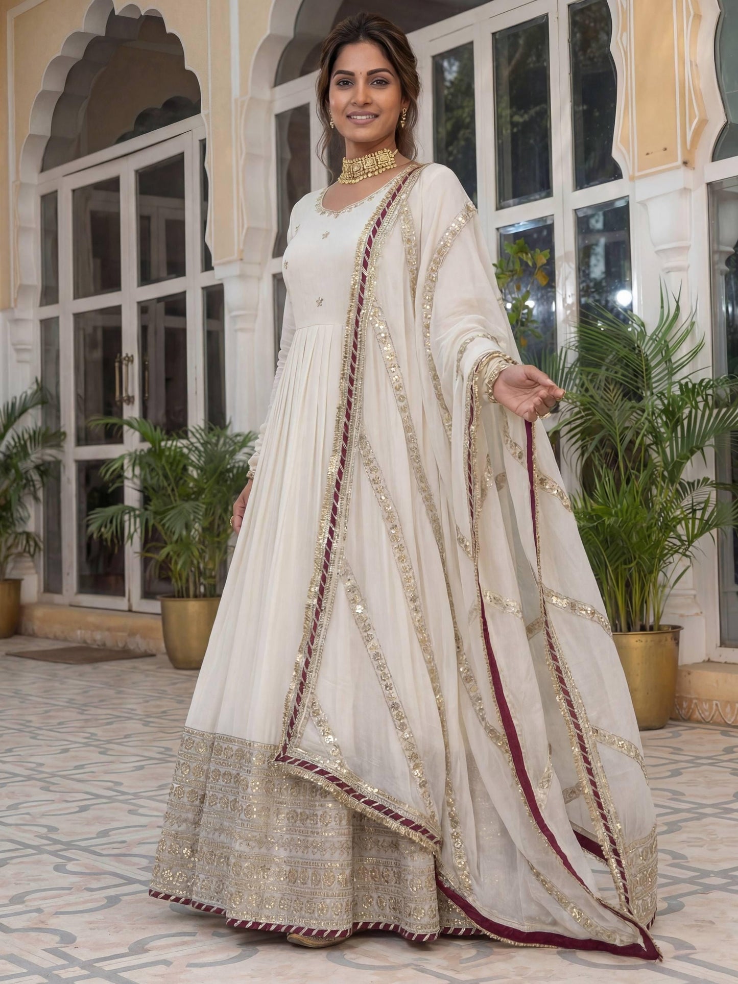 Elegant Ivory White Embroidered Anarkali Gown with Dupatta
