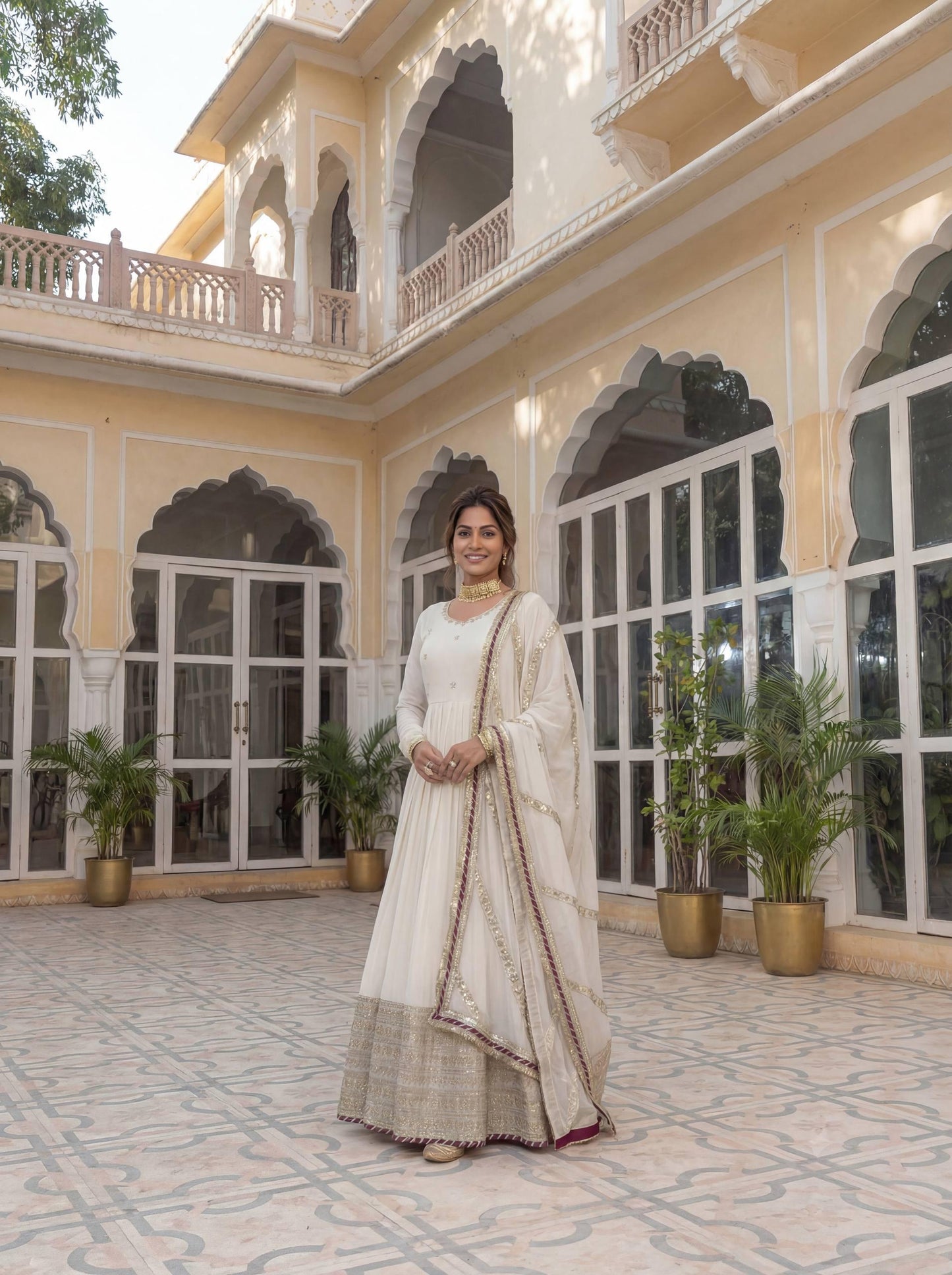 Elegant Ivory White Embroidered Anarkali Gown with Dupatta