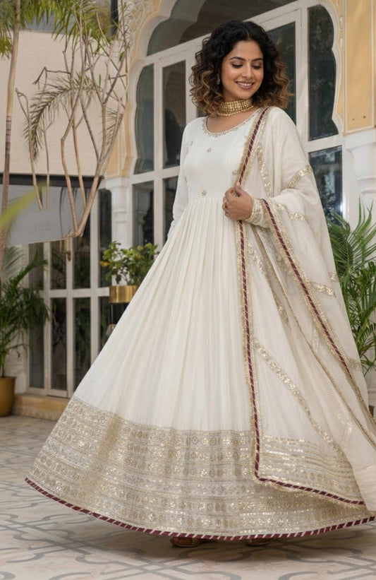 Elegant Ivory White Embroidered Anarkali Gown with Dupatta