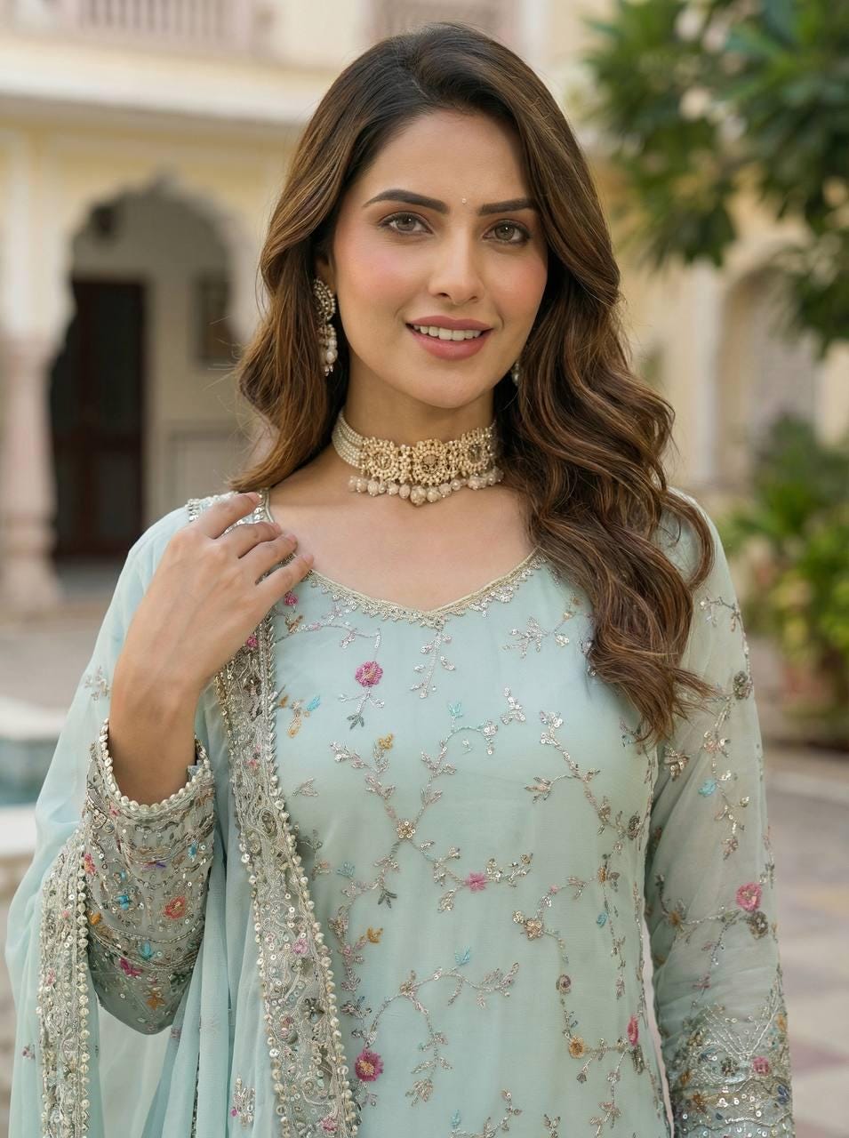 Mint Green Pakistani Embroidered Sharara Suit | Faux Georgette Kurti Dupatta Set