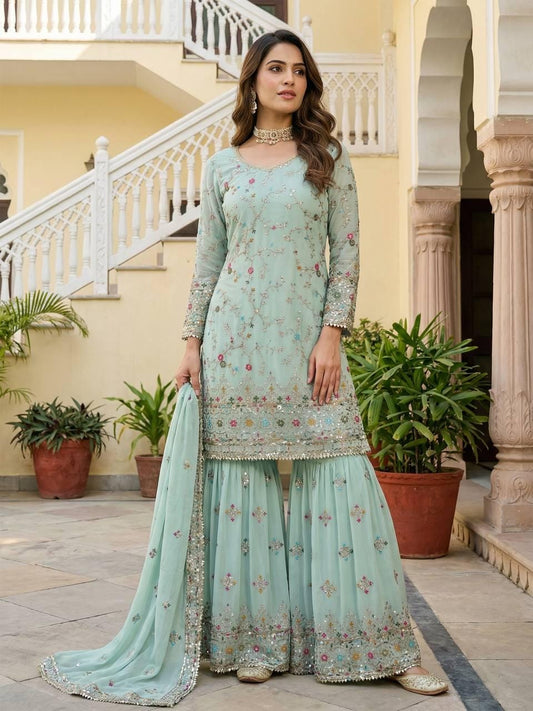 Mint Green Pakistani Embroidered Sharara Suit | Faux Georgette Kurti Dupatta Set