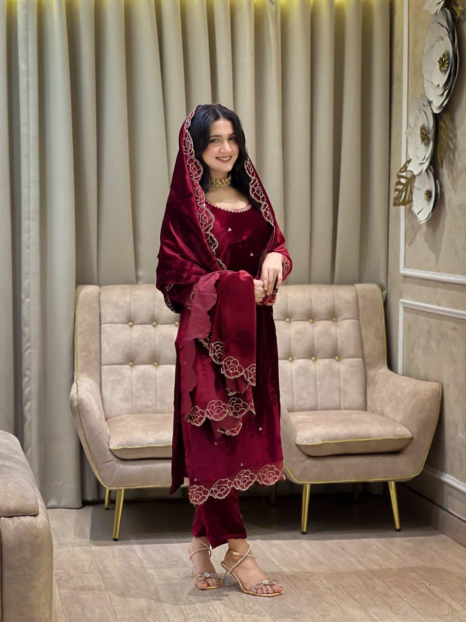 Red Viscose Velvet Rhinestone Rose Embroidered Suit Set with Dupatta - Wedding Outfit