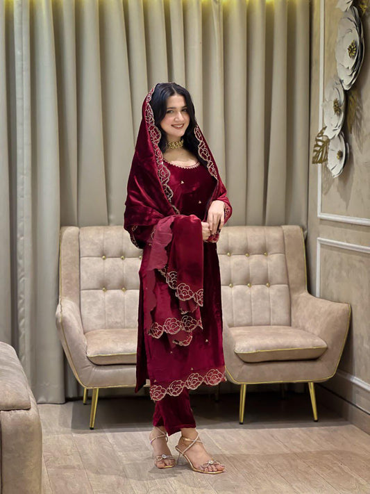 Red Viscose Velvet Rhinestone Rose Embroidered Suit Set with Dupatta - Wedding Outfit