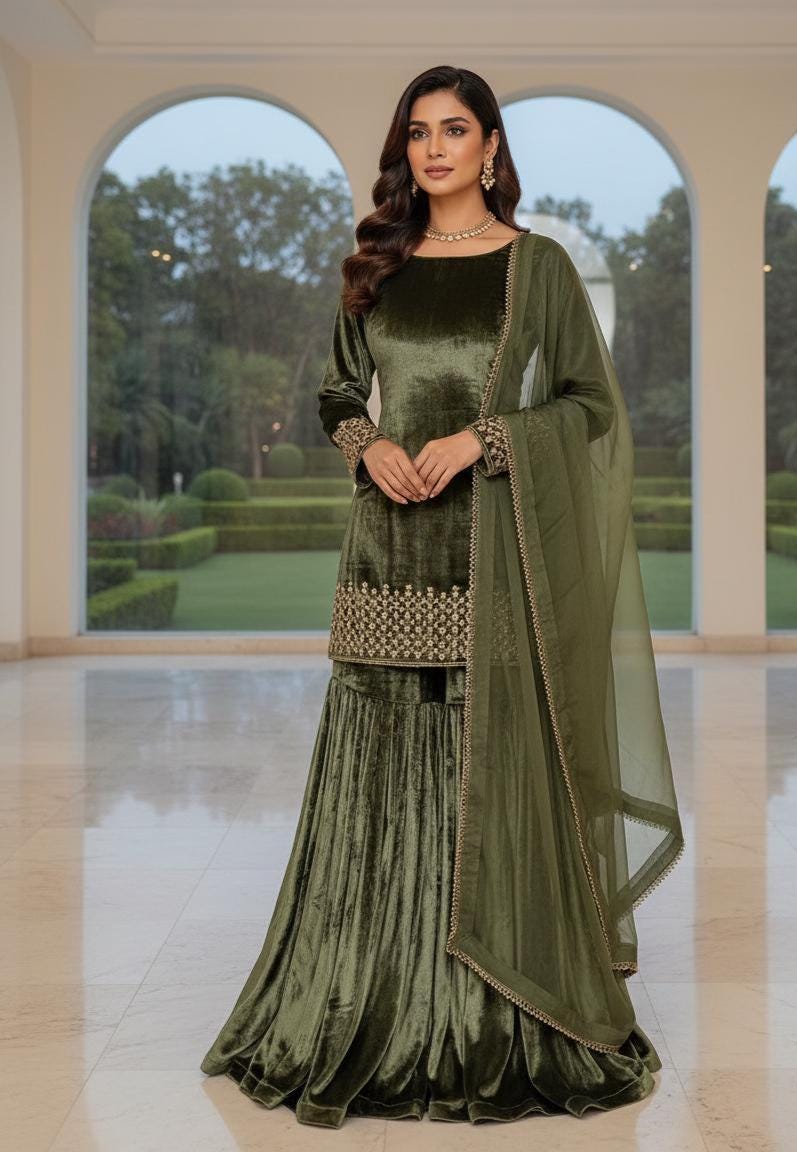 Designer Dark Green Heavy Viscose Velvet Top Sharara Set with Embroidery Suit for Women