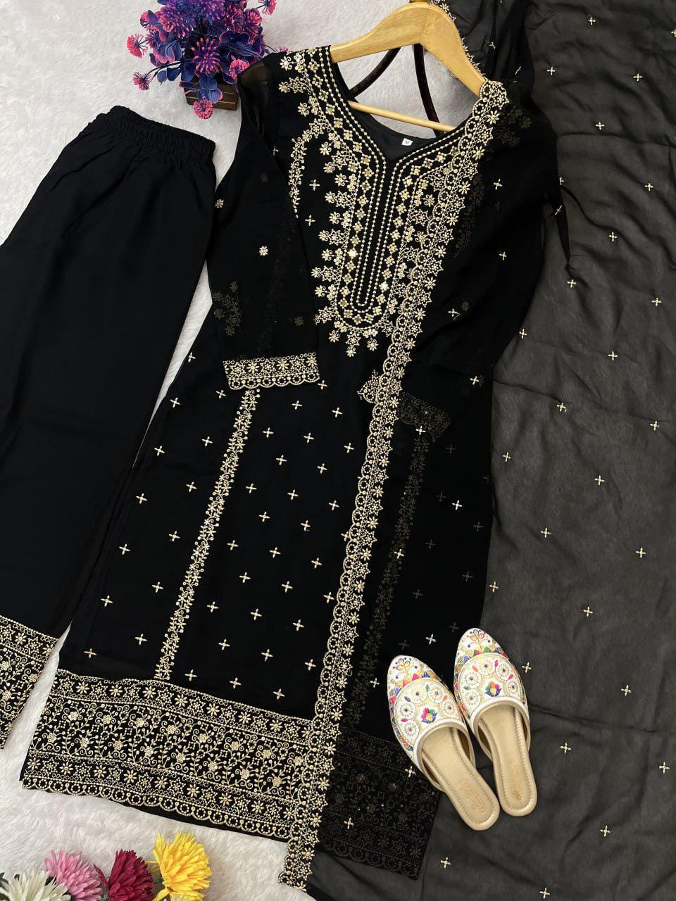 Black Heavy Embroidered Pakistani Shalwar kameez Suit Set with Matching Dupatta