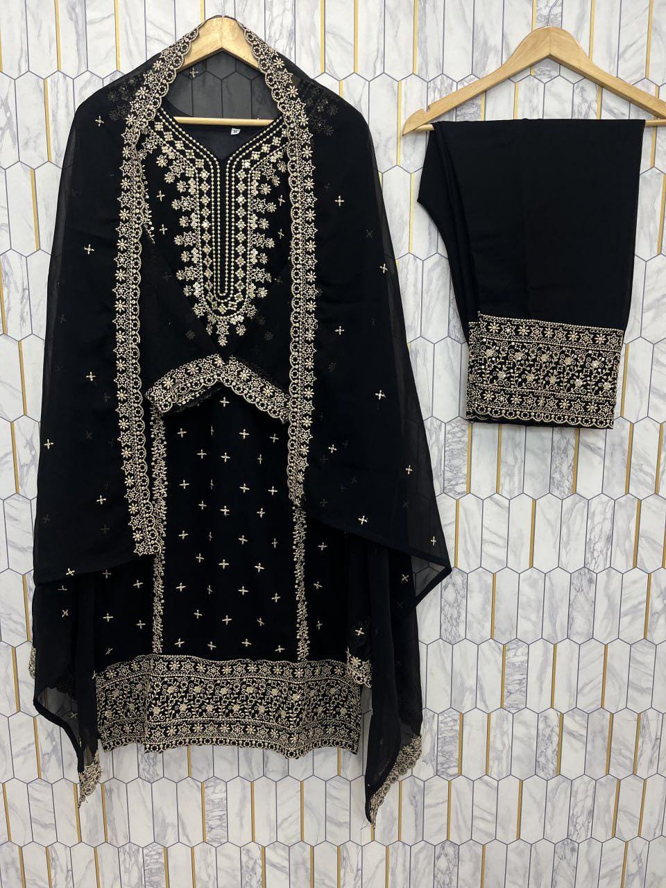 Black Heavy Embroidered Pakistani Shalwar kameez Suit Set with Matching Dupatta