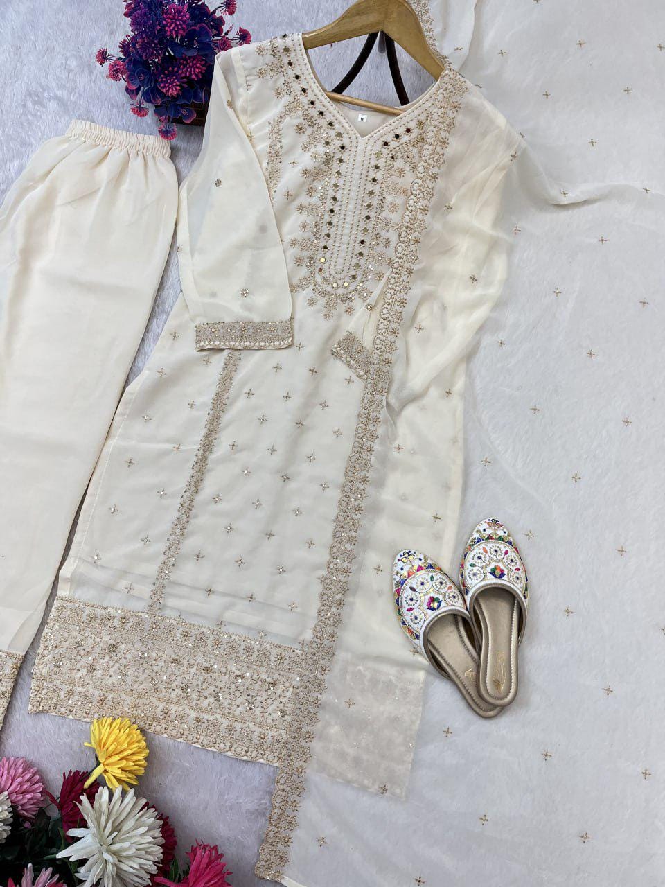 Beige Heavy Embroidered Pakistani Suit Set with Matching Dupatta