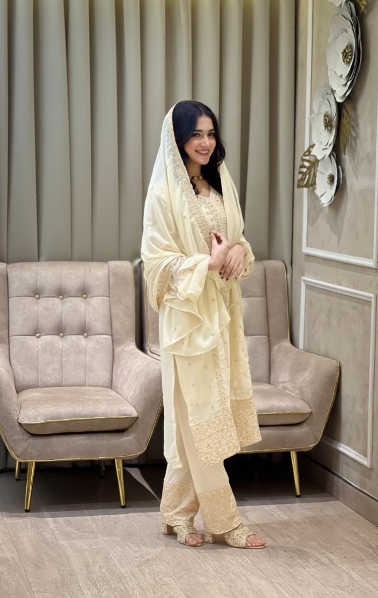 Beige Heavy Embroidered Pakistani Suit Set with Matching Dupatta