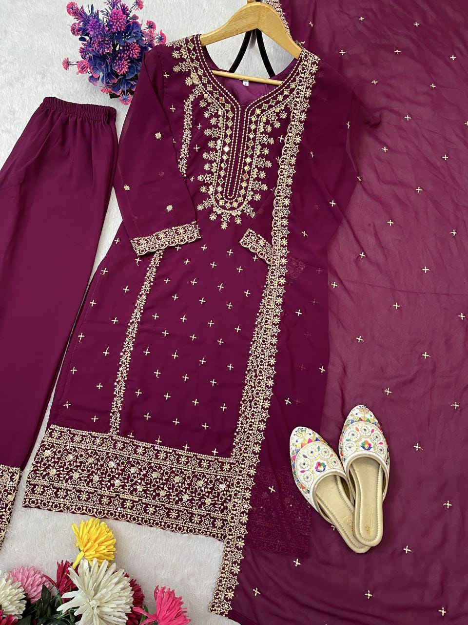 Purple Heavy Faux Georgette Salwar Kameez Suit - Women Designer Set