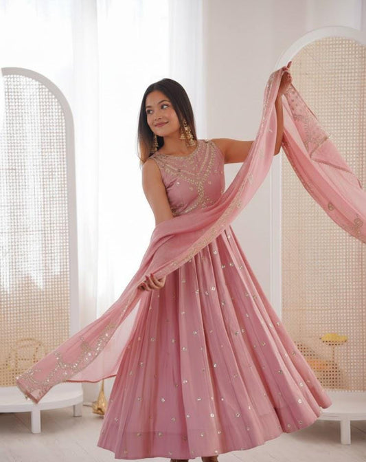 Indian Pink Long Frock With Sequin Embroidery Work , Anarkali suit For Women
