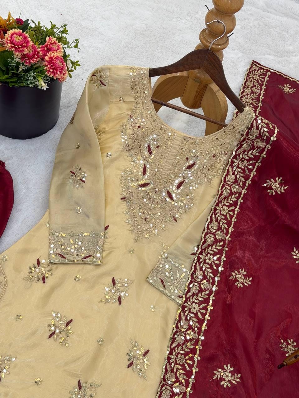 Beige Embroidered Kurta Palazzo Set With Marron Dupatta - pakistani suit