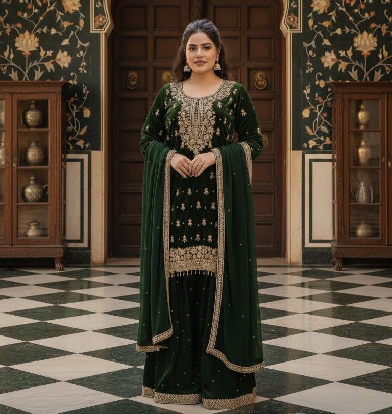 Royal Dark Green Kurta & Palazzo Suit Set For Women - Pakistani Eid Outfit