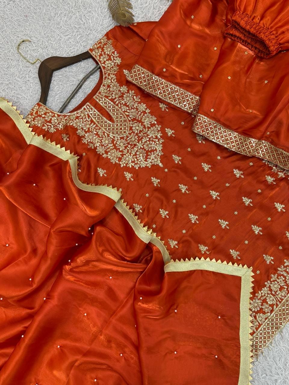 Designer Orange Kurti & Sharara With Matching Dupatta - Gold Embroidered Suit Set