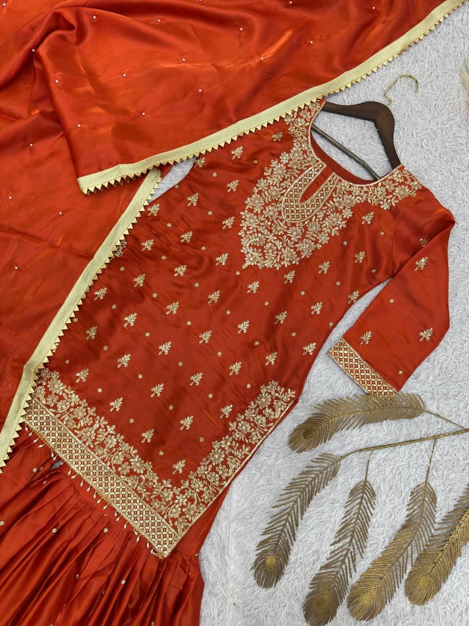 Designer Orange Kurti & Sharara With Matching Dupatta - Gold Embroidered Suit Set