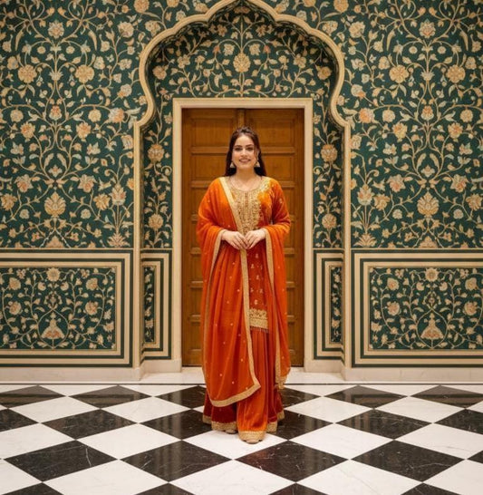 Designer Orange Kurti & Sharara With Matching Dupatta - Gold Embroidered Suit Set