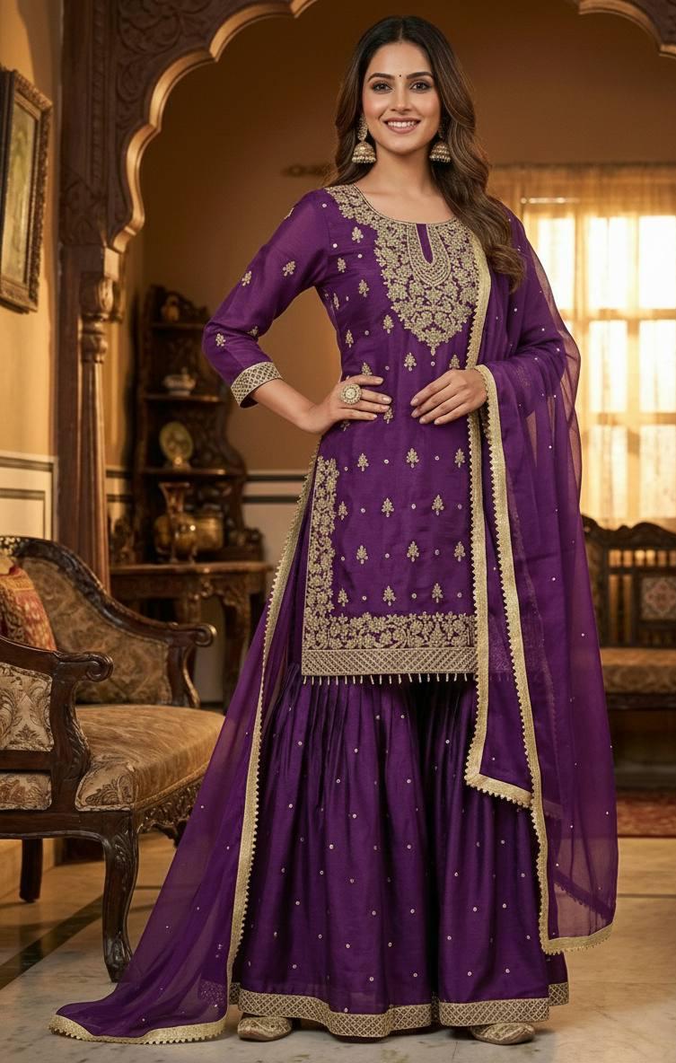 Punjabi Purple Suit Silk Embroidered Top Sharara Dupatta Set - Sharara Set For Wedding