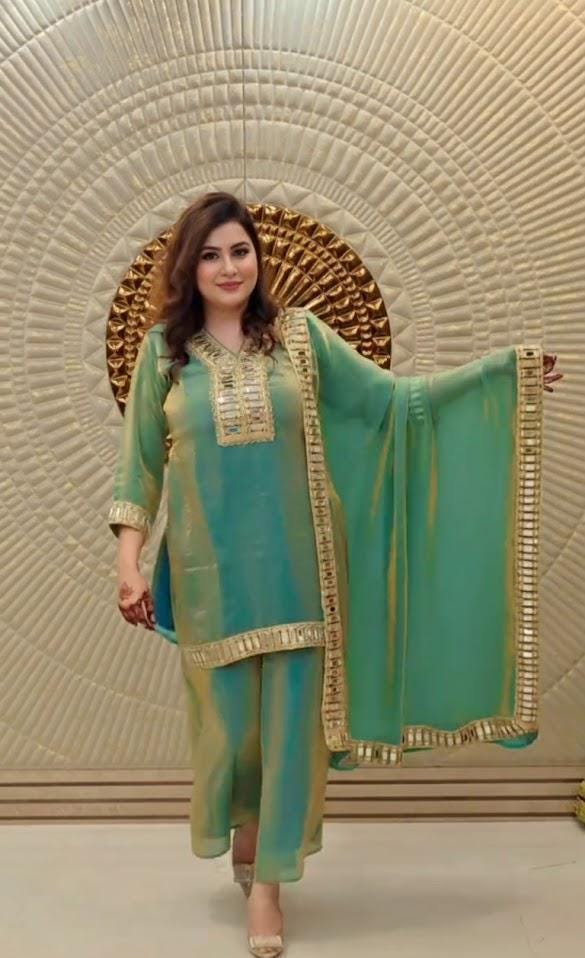 Designer Teal V - Neckline Top & Palazzo With Mirror Work - Festive Wear