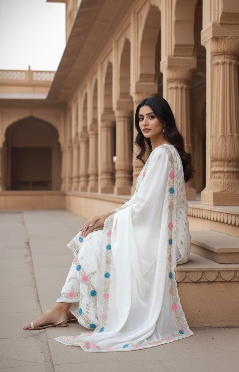 Minimalist White Top & Sharara With Matching Dupatta Suit Set - Ethnic Sharara