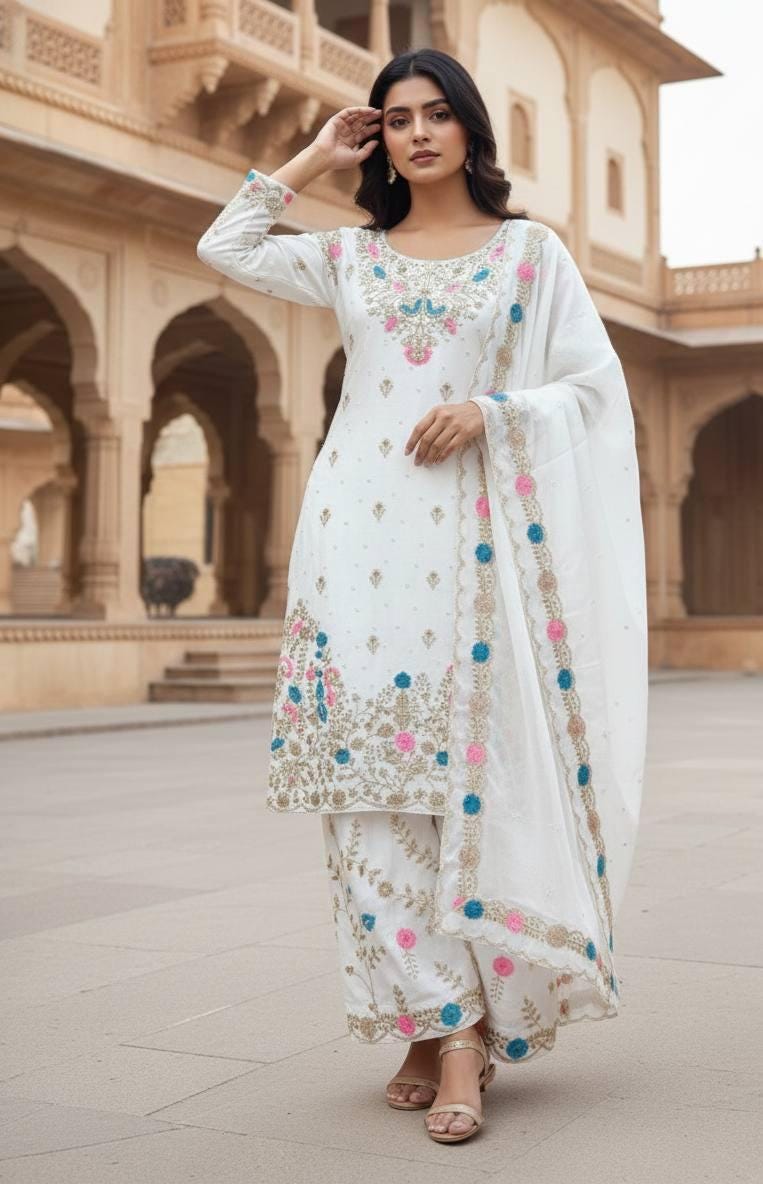 Minimalist White Top & Sharara With Matching Dupatta Suit Set - Ethnic Sharara