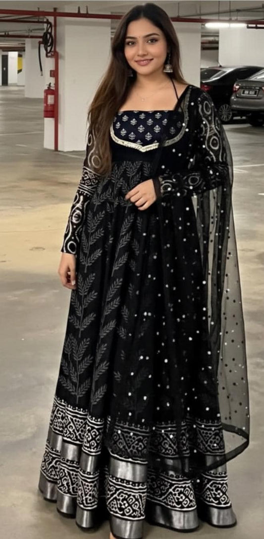 Black Printed Anarkali Gown Set with Dupatta - Festive wear