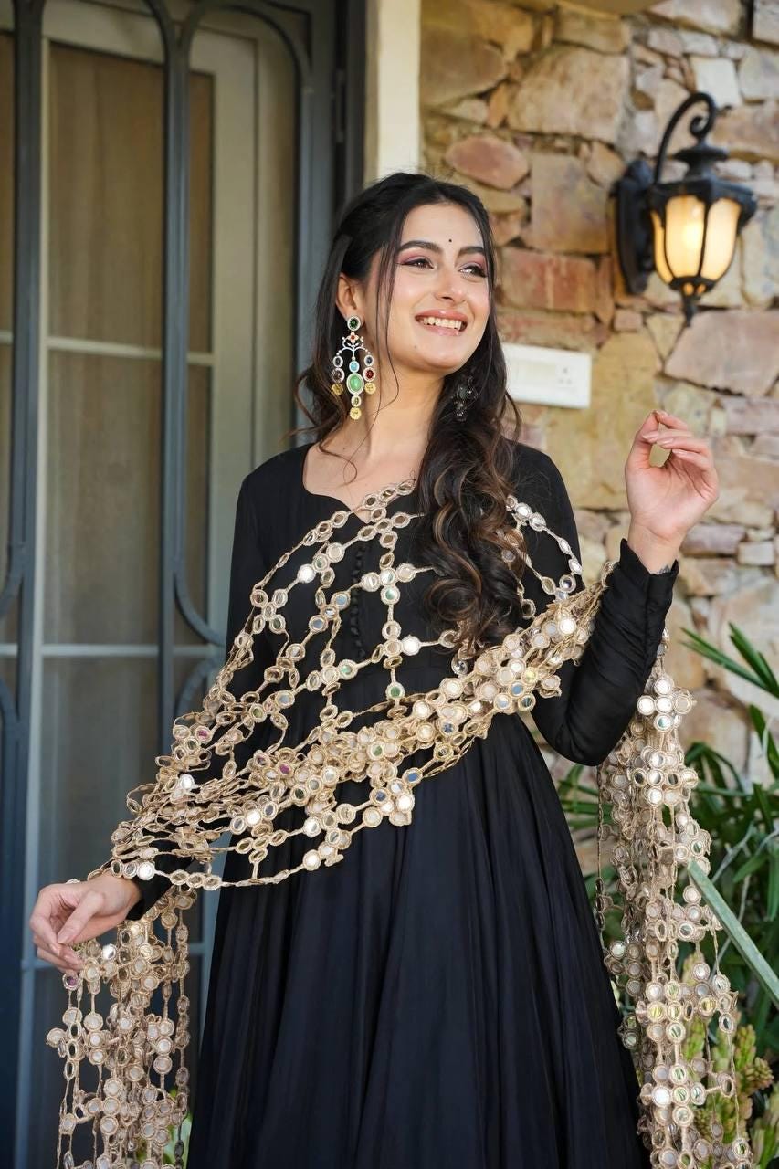 Black Anarkali Suit Set & Palazzo With Beige Antique Chain Coin Lace Dupatta