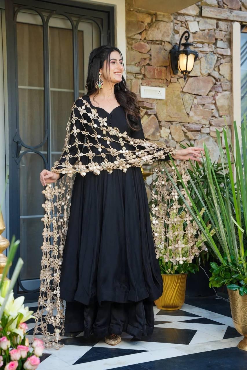 Black Anarkali Suit Set & Palazzo With Beige Antique Chain Coin Lace Dupatta