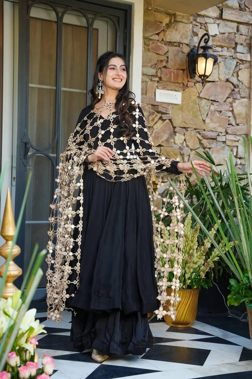 Black Anarkali Suit Set & Palazzo With Beige Antique Chain Coin Lace Dupatta