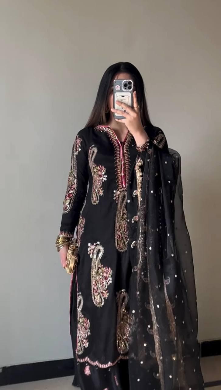 Black Dark Chocolate-Tone Punjabi Suit Embroidered Palazzo Ensemble | A Graceful Choice for Bridal & Festive Wear | TheBlissIN