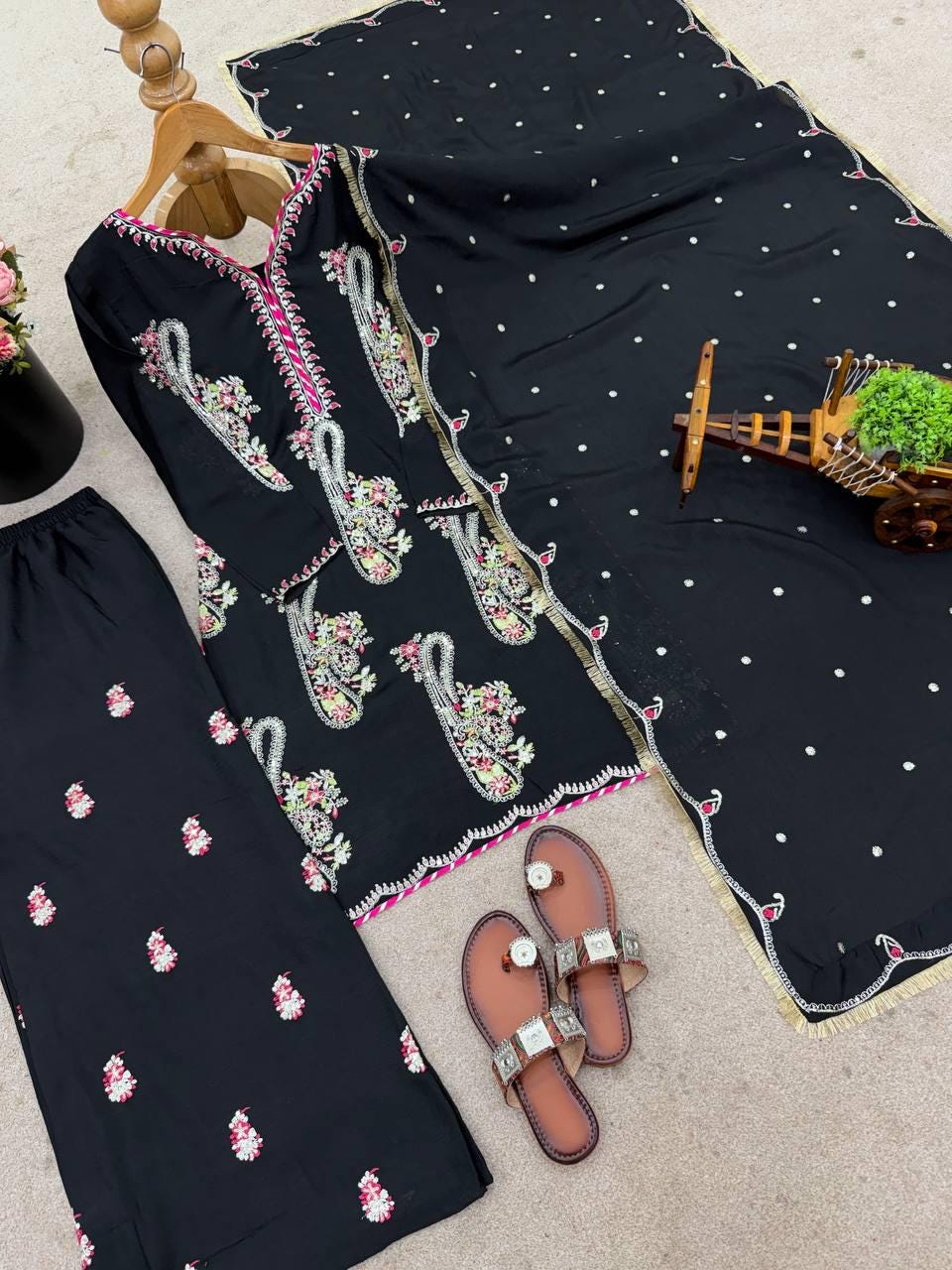 Black Dark Chocolate-Tone Punjabi Suit Embroidered Palazzo Ensemble | A Graceful Choice for Bridal & Festive Wear | TheBlissIN