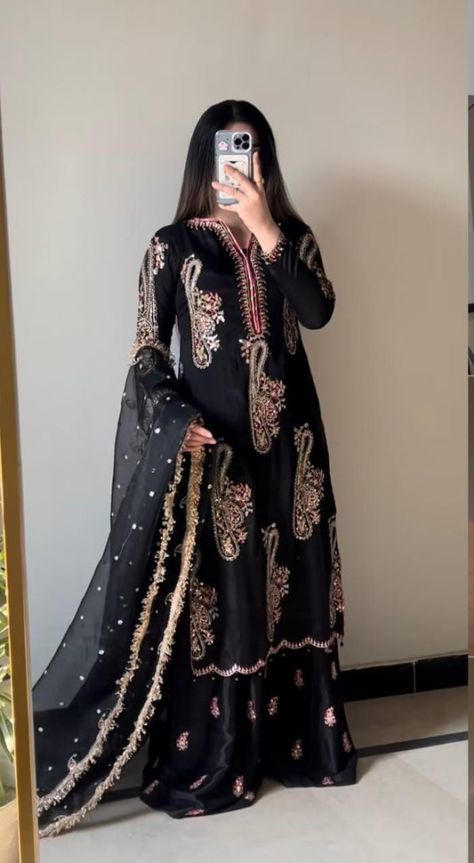 Black Dark Chocolate-Tone Punjabi Suit Embroidered Palazzo Ensemble | A Graceful Choice for Bridal & Festive Wear | TheBlissIN