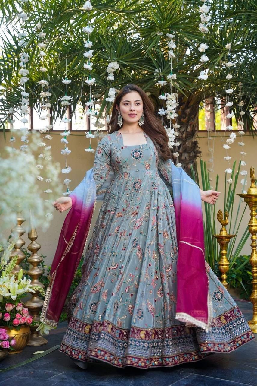 Indian Wedding Gown Pure Soft Organza Silk With Digital Print - Women Fashion Wear