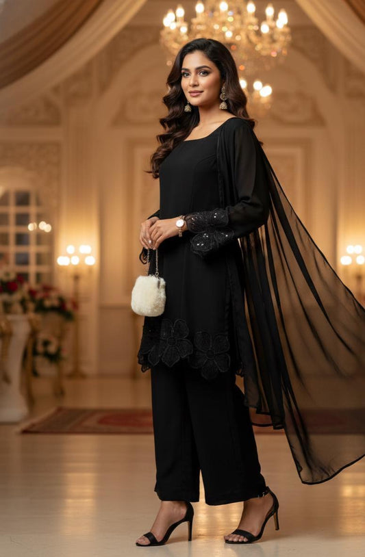 Designer Black Pakistani Palazzo Suit For Ramzan & Eid Outfit | Faux Georgette Ready To Wear Set