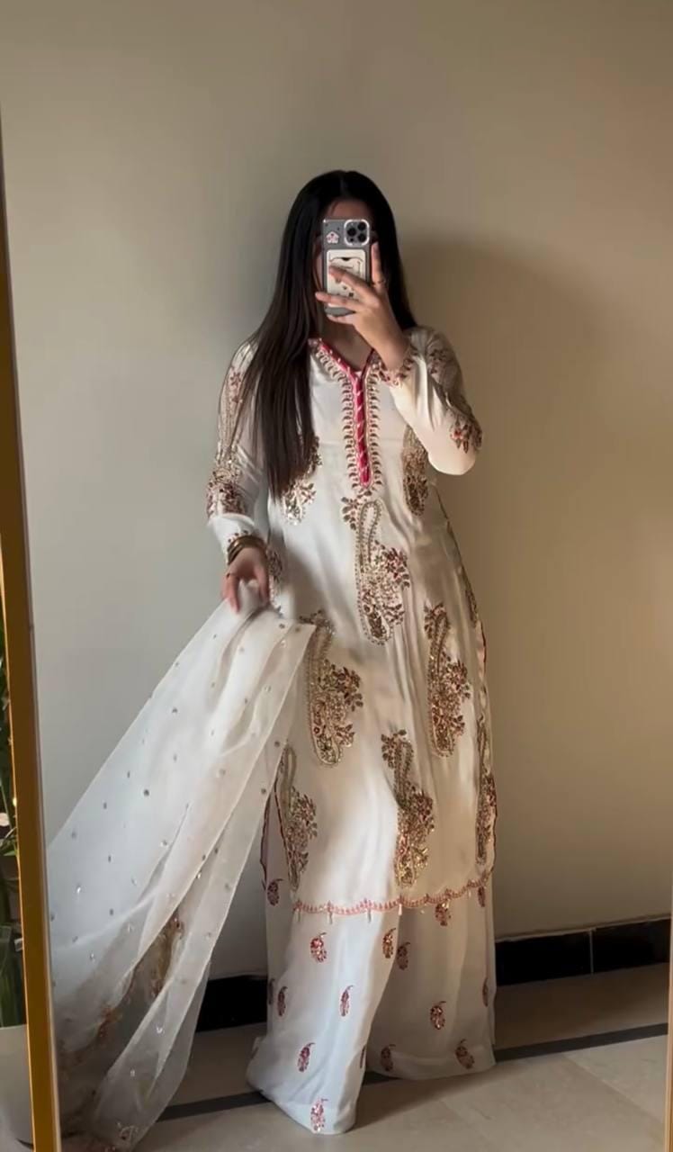 Elegant White kurta & Palazzo Set For Women With Intricate Embroidery - Women's Ethnic Wear